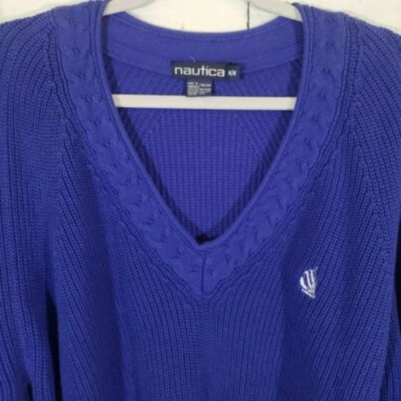 VTG 90s Nautica Sweater Cable Knit Blue VNECK M - Picture 2 of 3